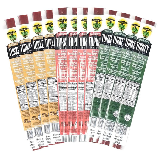 Sogo 100% Free-Range Turkey Variety Flavors Meat Sticks - No Sugar, Gluten Free, No Nitrates, MSG Free, 1 oz - Pack of 24