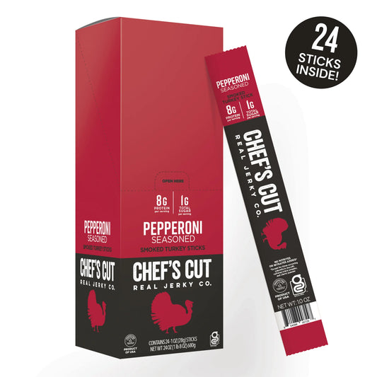 Chef's Cut Seasoned Smoked Turkey Pepperoni Meat Snack Sticks, High Protein Meat Snack, Gluten Free - Pack of 24