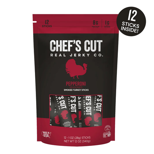 Chef's Cut Seasoned Smoked Turkey Pepperoni Meat Snack Sticks, High Protein Meat Snack, Gluten Free - 12 Count Pouch