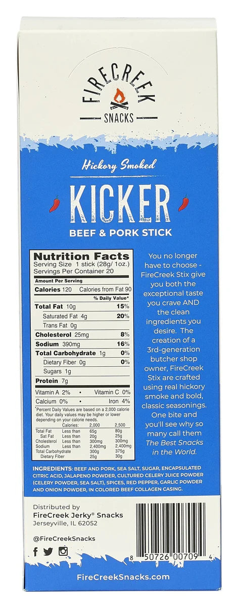 Firecreek Kicker Spicy Beef Jerky Meat Stick, All Natural, Keto, Paleo, Low Carb, Msg Free, Soy Free, Gluten Free, 1 oz - Pack of 20