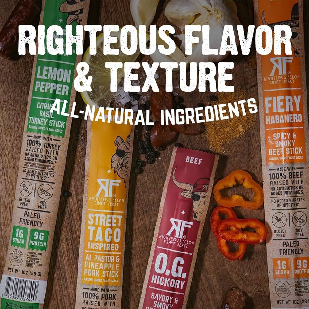 Righteous Felon Jerky Variety Pack 100% Meat Sticks | High Protein, Low Carb, Keto, Gluten Free, Craft Beef, Turkey, Pork - Pack of 10