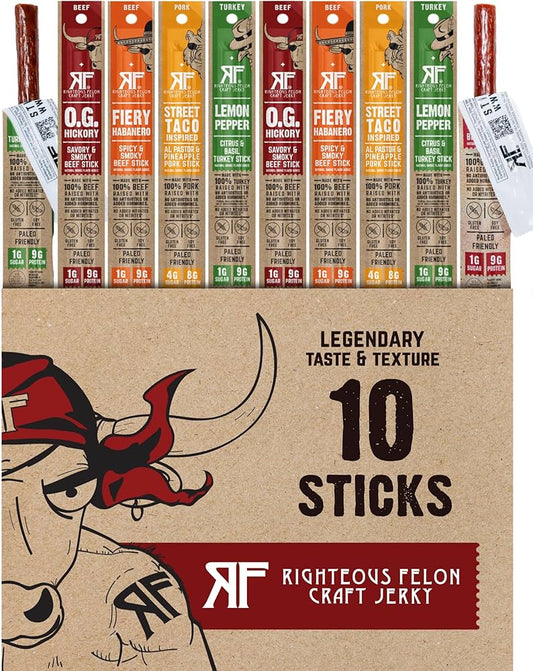 Righteous Felon Jerky Variety Pack 100% Meat Sticks | High Protein, Low Carb, Keto, Gluten Free, Craft Beef, Turkey, Pork - Pack of 10