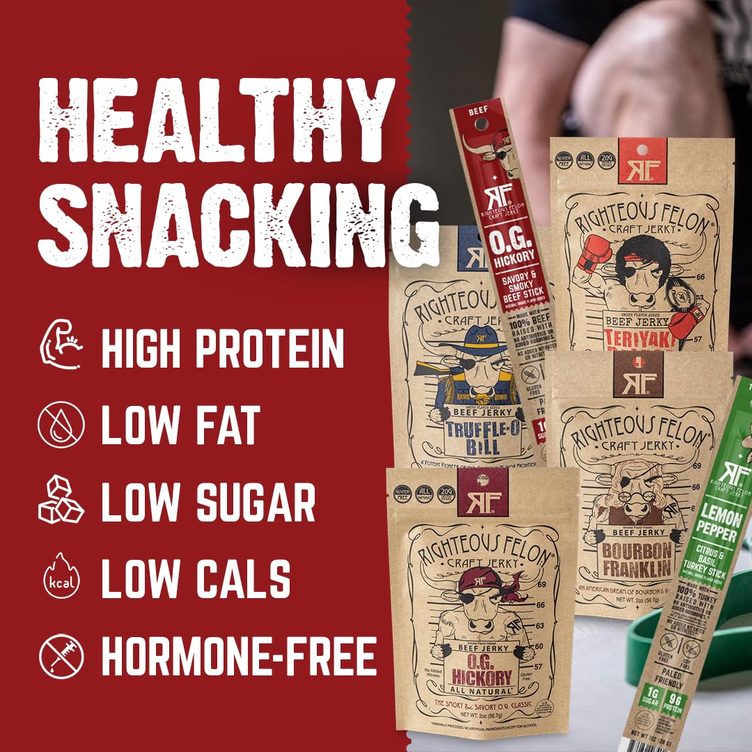 Righteous Felon Jerky Variety Pack 100% Meat Sticks | High Protein, Low Carb, Keto, Gluten Free, Craft Beef, Turkey, Pork - Pack of 10