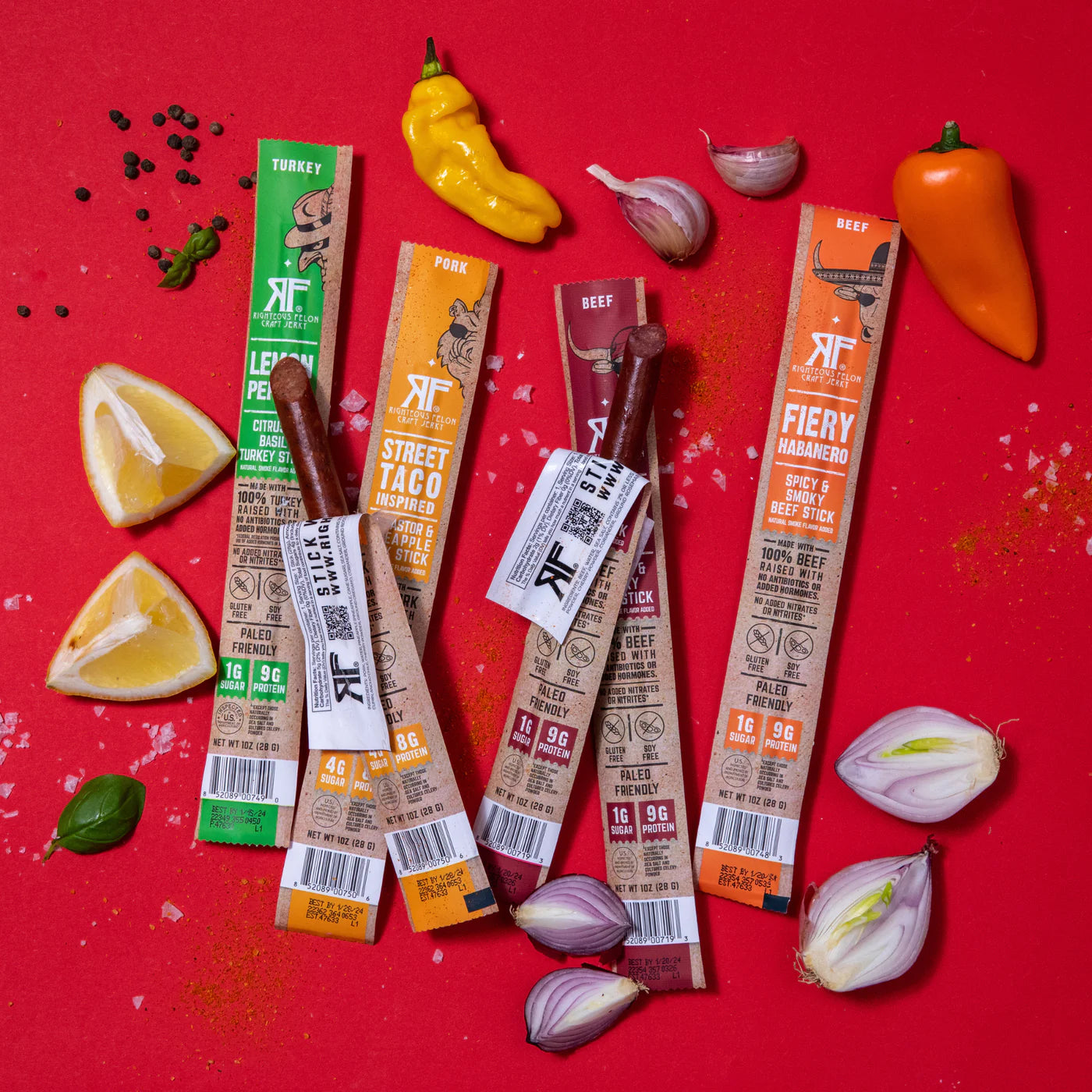 Righteous Felon Jerky Variety Pack 100% Meat Sticks | High Protein, Low Carb, Keto, Gluten Free, Craft Beef, Turkey, Pork - Pack of 24