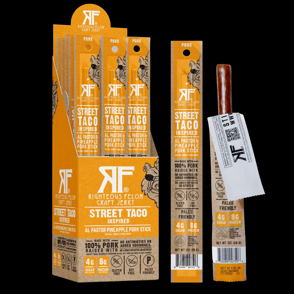 Righteous Felon Street Taco 100% Pork Meat Sticks | High Protein, Low Carb, Keto, Gluten Free, Craft Beef, Turkey, Pork - Pack of 24