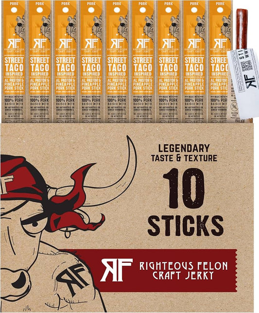 Righteous Felon Street Taco 100% Pork Meat Sticks | High Protein, Low Carb, Keto, Gluten Free, Craft Beef, Turkey, Pork - Pack of 10