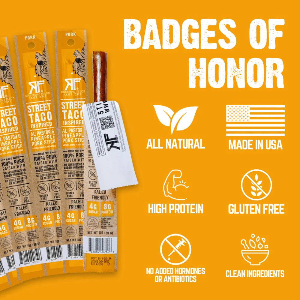 Righteous Felon Street Taco 100% Pork Meat Sticks | High Protein, Low Carb, Keto, Gluten Free, Craft Beef, Turkey, Pork - Pack of 24