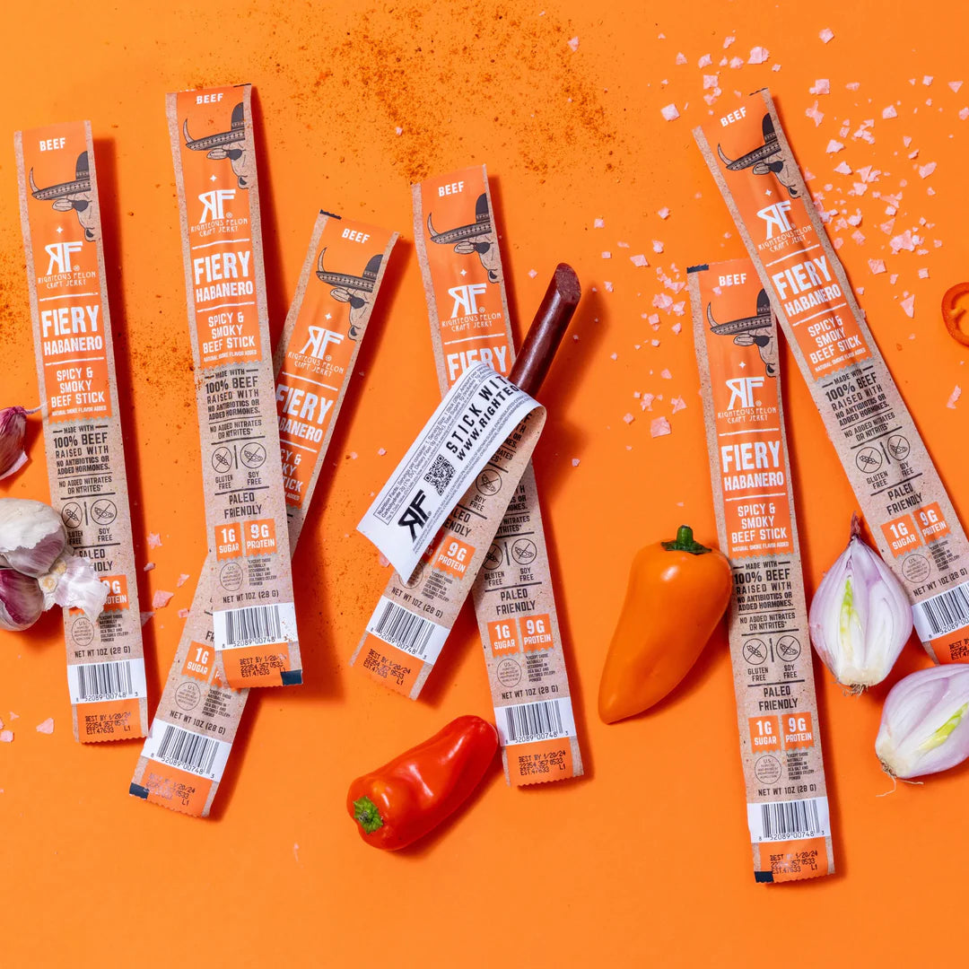 Righteous Felon  Fiery Habanero Escobar 100% Beef Meat Sticks | High Protein, Low Carb, Keto, Gluten Free, Craft Beef, Turkey, Pork - Pack of 10