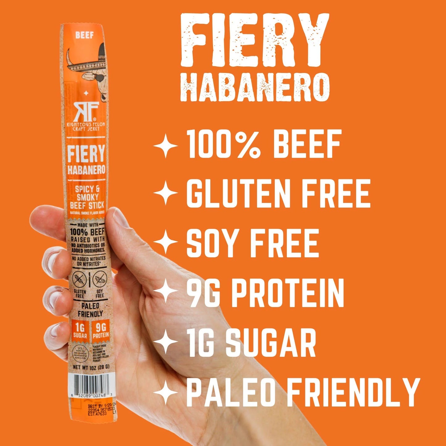 Righteous Felon  Fiery Habanero Escobar 100% Beef Meat Sticks | High Protein, Low Carb, Keto, Gluten Free, Craft Beef, Turkey, Pork - Pack of 10