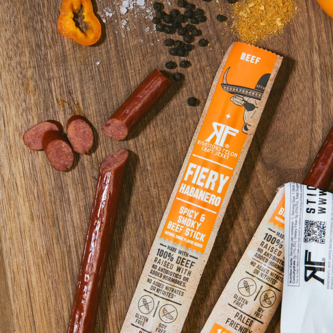 Righteous Felon Fiery Habanero Escobar 100% Beef Meat Sticks | High Protein, Low Carb, Keto, Gluten Free, Craft Beef, Turkey, Pork - Pack of 24