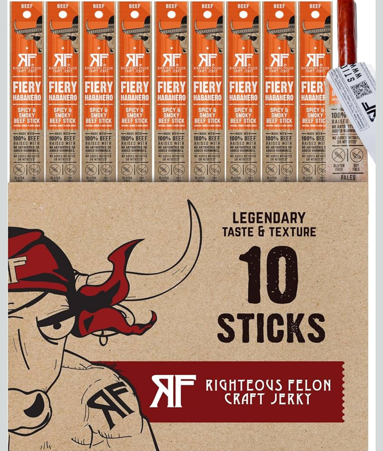 Righteous Felon  Fiery Habanero Escobar 100% Beef Meat Sticks | High Protein, Low Carb, Keto, Gluten Free, Craft Beef, Turkey, Pork - Pack of 10