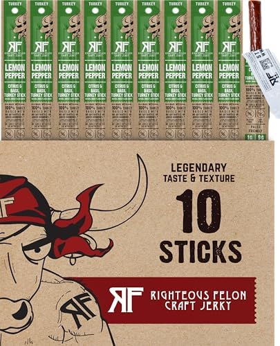 Righteous Felon  Lemon Pepper 100% Turkey Meat Sticks | High Protein, Low Carb, Keto, Gluten Free, Craft Beef, Turkey, Pork - Pack of 10