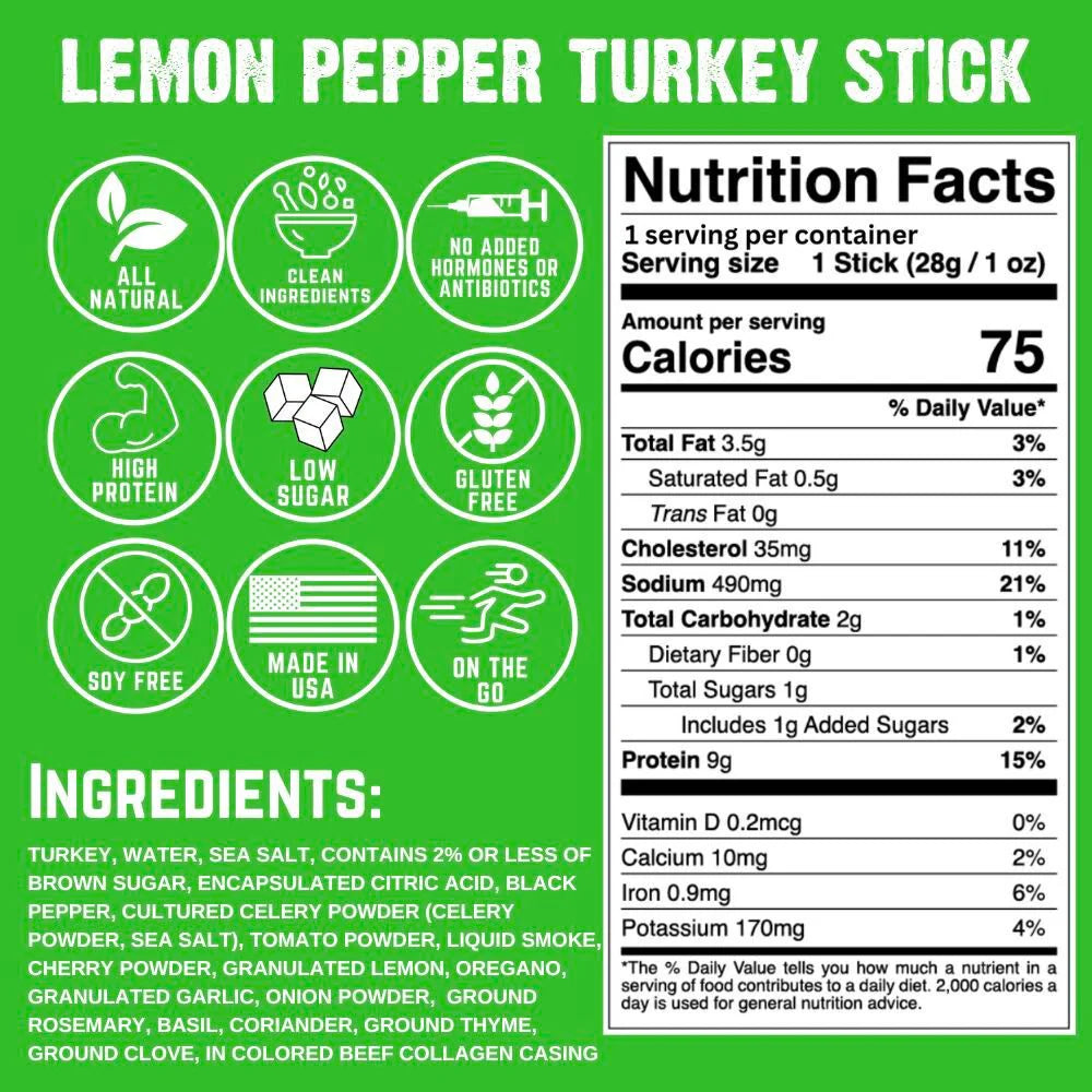 Righteous Felon  Lemon Pepper 109% Turkey Meat Sticks | High Protein, Low Carb, Keto, Gluten Free, Craft Beef, Turkey, Pork - Pack of 24