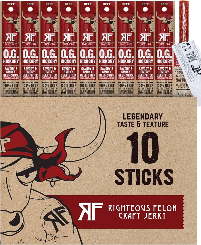 Righteous Felon OG Hickory 109% Beef Meat Sticks | High Protein, Low Carb, Keto, Gluten Free, Craft Beef, Turkey, Pork - Pack of 10