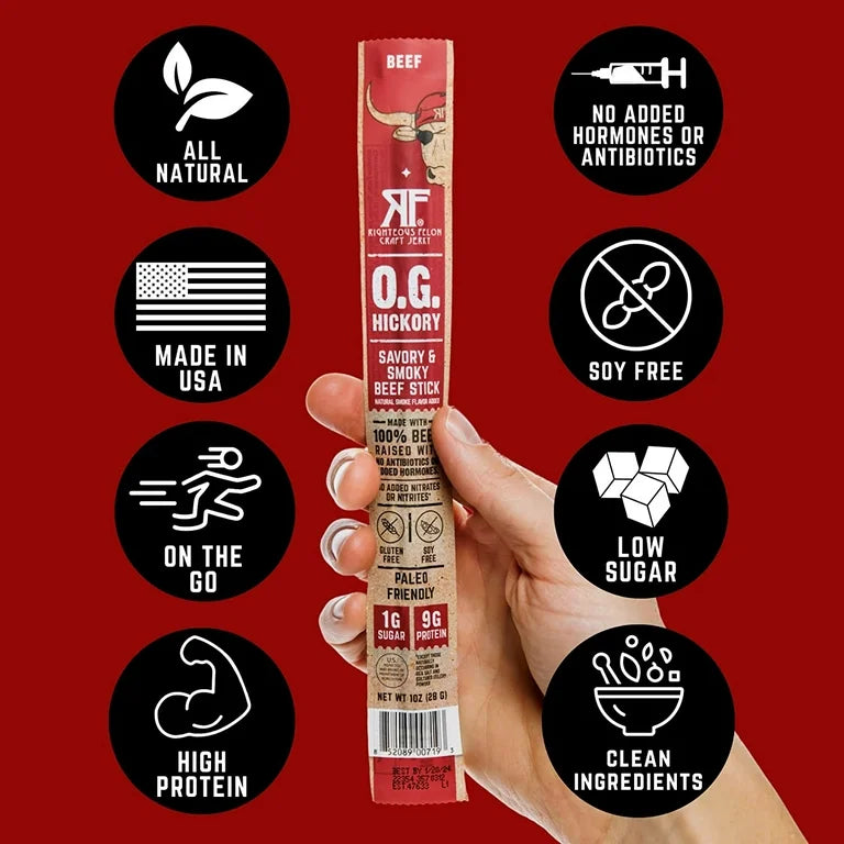 Righteous Felon OG Hickory 100% Beef Meat Sticks | High Protein, Low Carb, Keto, Gluten Free, Craft Beef, Turkey, Pork - Pack of 24