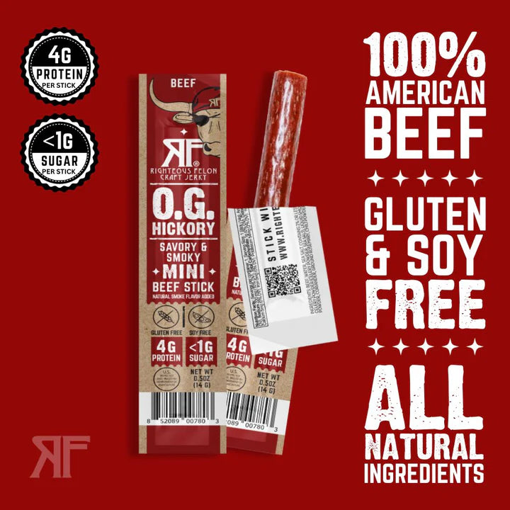 Righteous Felon OG Hickory 100% Beef Meat Sticks | High Protein, Low Carb, Keto, Gluten Free, Craft Beef, Turkey, Pork - Pack of 24