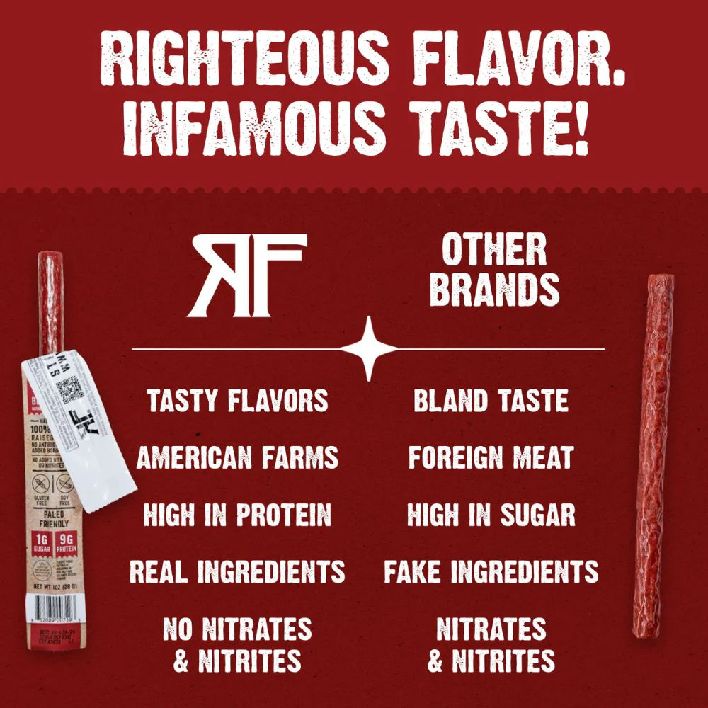 Righteous Felon OG Hickory 109% Beef Meat Sticks | High Protein, Low Carb, Keto, Gluten Free, Craft Beef, Turkey, Pork - Pack of 10