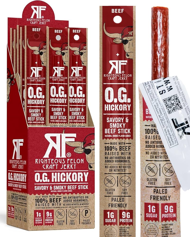 Righteous Felon OG Hickory 100% Beef Meat Sticks | High Protein, Low Carb, Keto, Gluten Free, Craft Beef, Turkey, Pork - Pack of 24