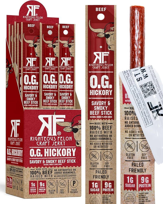 Righteous Felon OG Hickory 100% Beef Meat Sticks | High Protein, Low Carb, Keto, Gluten Free, Craft Beef, Turkey, Pork - Pack of 24