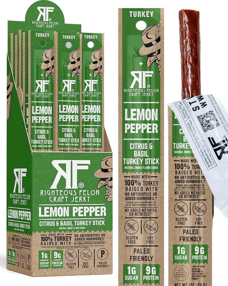 Righteous Felon  Lemon Pepper 109% Turkey Meat Sticks | High Protein, Low Carb, Keto, Gluten Free, Craft Beef, Turkey, Pork - Pack of 24
