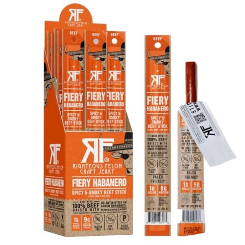 Righteous Felon Fiery Habanero Escobar 100% Beef Meat Sticks | High Protein, Low Carb, Keto, Gluten Free, Craft Beef, Turkey, Pork - Pack of 24