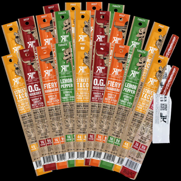 Righteous Felon Jerky Variety Pack 100% Meat Sticks | High Protein, Low Carb, Keto, Gluten Free, Craft Beef, Turkey, Pork - Pack of 24