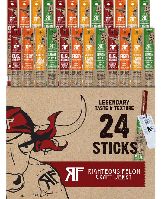 Righteous Felon Jerky Variety Pack 100% Meat Sticks | High Protein, Low Carb, Keto, Gluten Free, Craft Beef, Turkey, Pork - Pack of 24