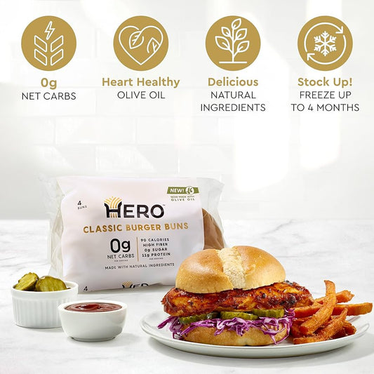 Hero Classic Hamburger Buns - 0g Net Low Carb Buns | High Fiber, 0g Net Carbs, 0g Sugar - Pack of 2