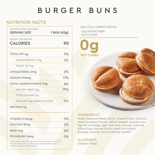 Hero Classic Hamburger Buns - 0g Net Low Carb Buns | High Fiber, 0g Net Carbs, 0g Sugar - Pack of 2