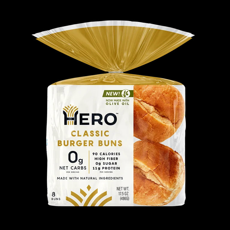Hero Classic Hamburger Buns - 0g Net Low Carb Buns | High Fiber, 0g Net Carbs, 0g Sugar - Pack of 2