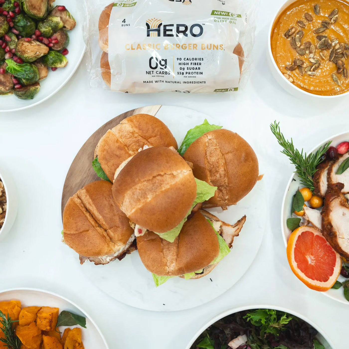 Hero Classic Hamburger Buns - 0g Net Low Carb Buns | High Fiber, 0g Net Carbs, 0g Sugar - Pack of 2