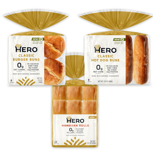 Hero Bread Party Sidekick Bundle — 0g Net Carb Hawaiian Rolls and 0g Net Carb, Hamburger Buns, & Hot Dog Buns | 0g Sugar, High Fiber