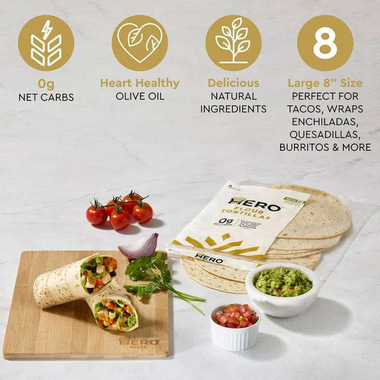 Hero Flour Tortilla - Delicious Tortilla Wraps | Soft Net Low Carb Tortillas | High Fiber, 1g Net Carbs - 4 Packs of 6