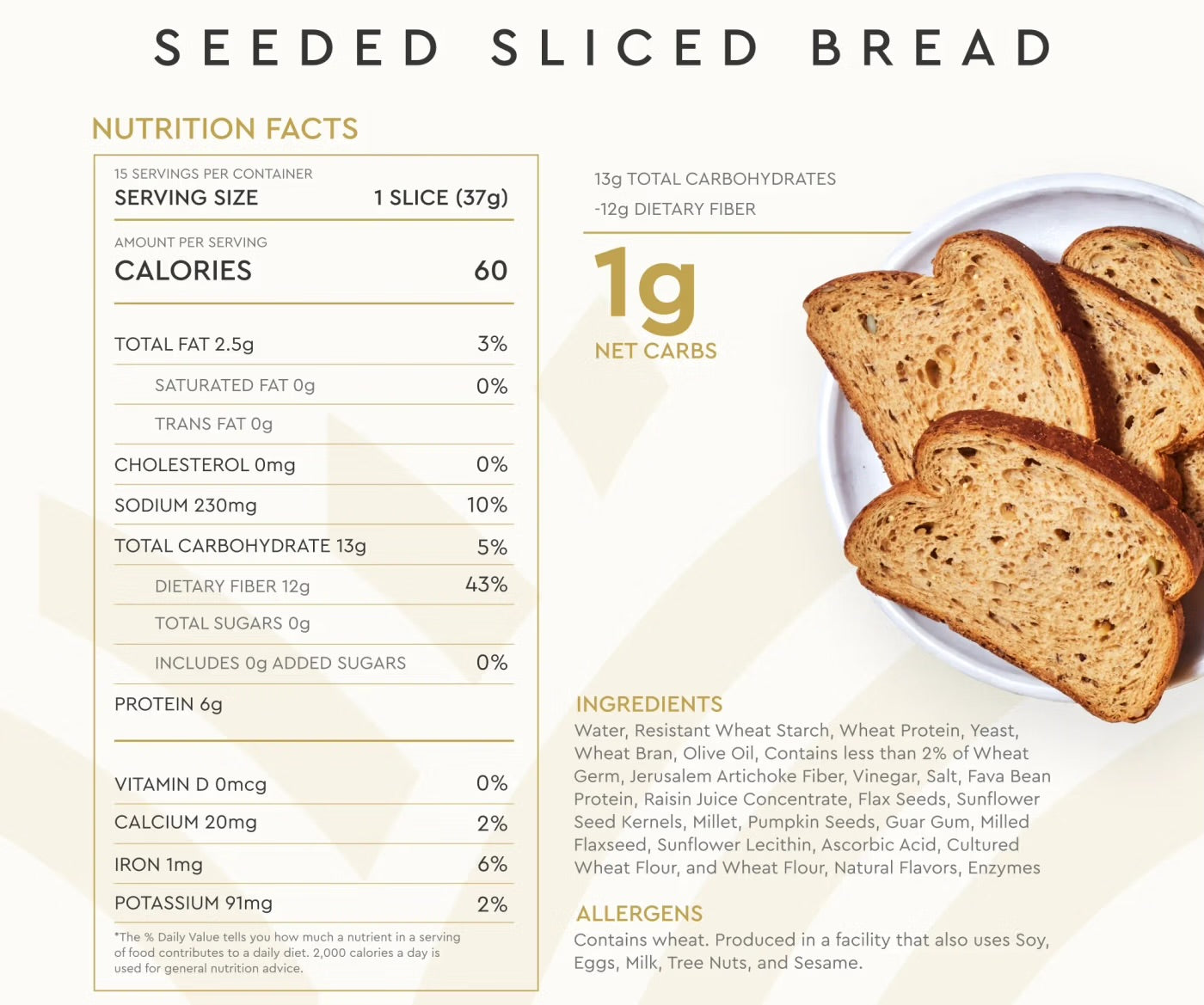 Hero Seeded Bread — Delicious Bread with 1g Net Carb, 0g Sugar, 60 Calories - 15 Slices/Loaf, 2 Loaves