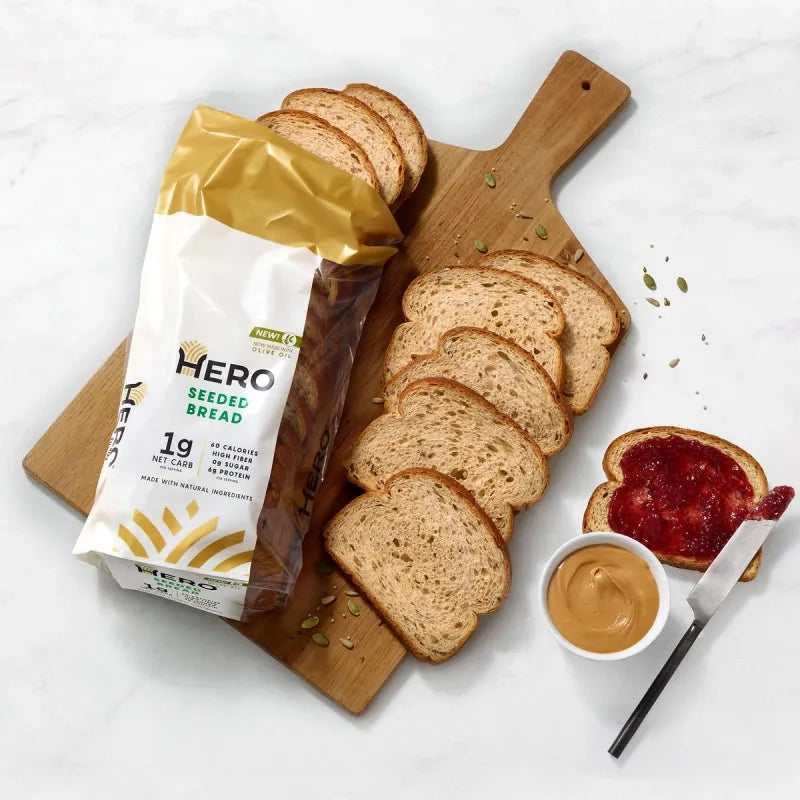 Hero Seeded Bread — Delicious Bread with 1g Net Carb, 0g Sugar, 60 Calories - 15 Slices/Loaf, 2 Loaves