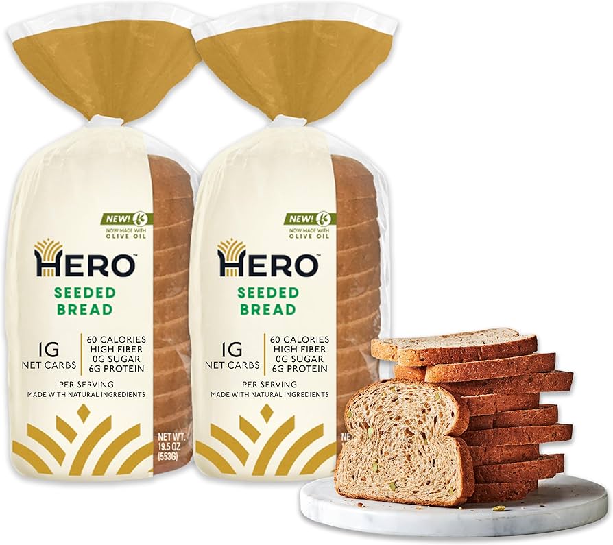 Hero Seeded Bread — Delicious Bread with 1g Net Carb, 0g Sugar, 60 Calories - 15 Slices/Loaf, 2 Loaves