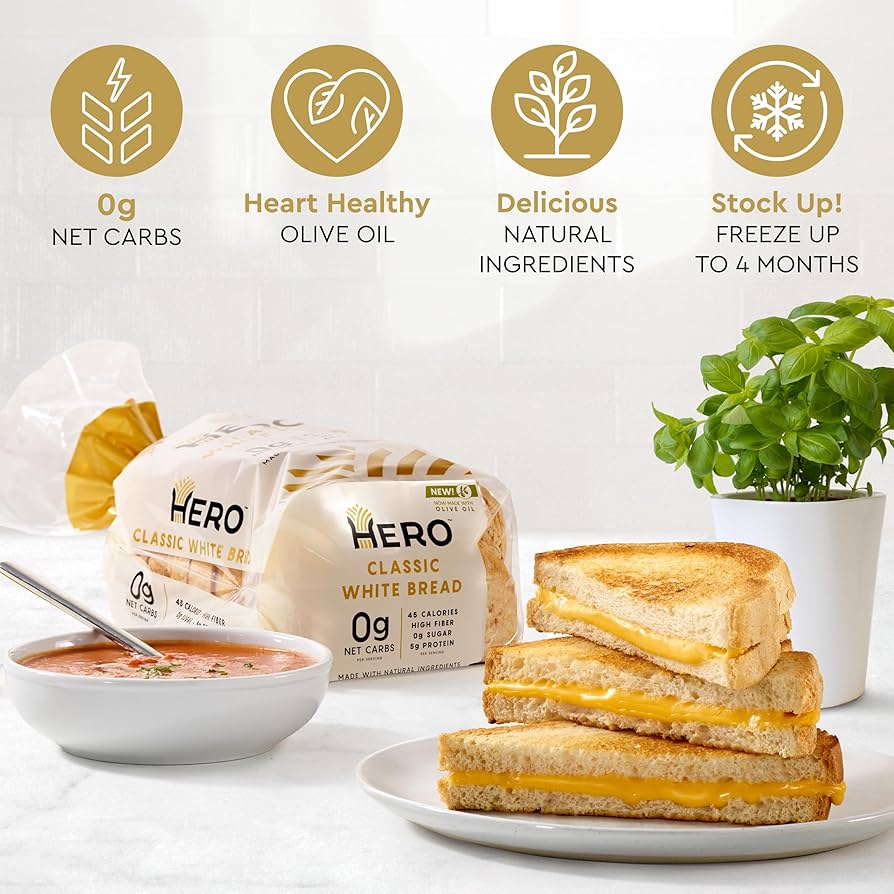 Hero Classic White Bread — Delicious Bread with 0g Net Carb, 0g Sugar, Tastes Like Regular Bread | Low Carb & Keto Friendly Bread Loaf - 15 Slices/Loaf, 2 Loaves