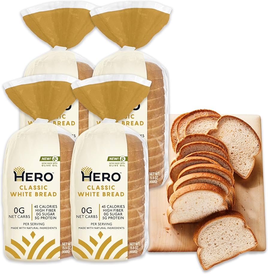 Hero Classic White Bread — Delicious Bread with 0g Net Carb, 0g Sugar, Tastes Like Regular Bread | Low Carb & Keto Friendly Bread Loaf - 15 Slices/Loaf, 2 Loaves