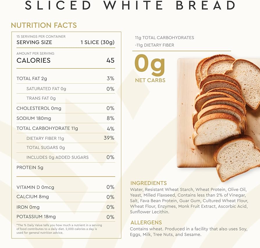 Hero Classic White Bread — Delicious Bread with 0g Net Carb, 0g Sugar, Tastes Like Regular Bread | Low Carb & Keto Friendly Bread Loaf - 15 Slices/Loaf, 2 Loaves