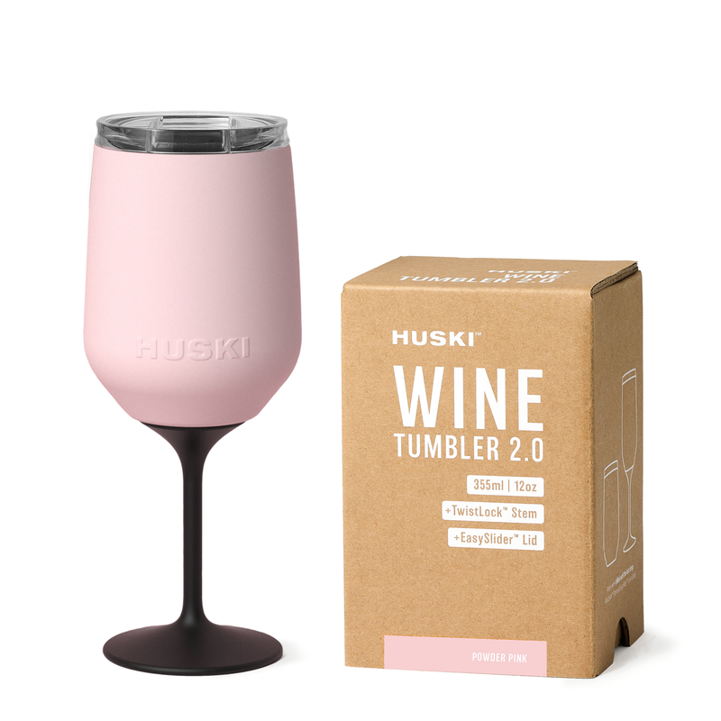 HUSKI powder pink insulated wine tumbler with lid and box, premium drinkware at The Table Gourmet
