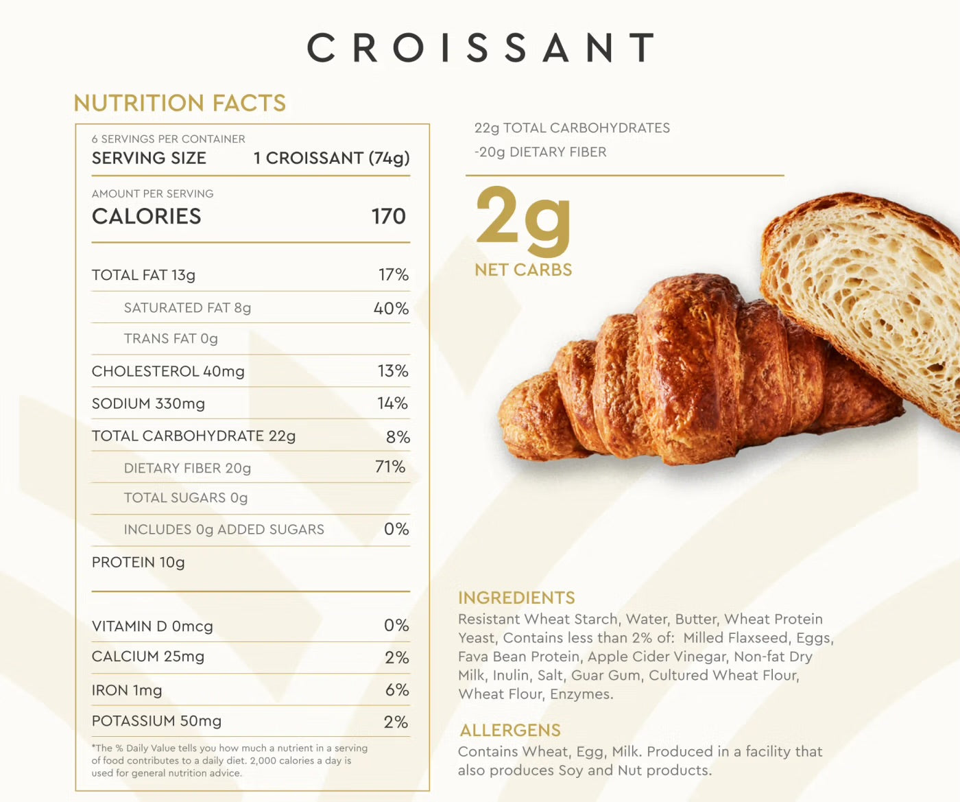 Hero Croissants - 2g Net Carbs, 0 Sugar, High Protein, Low Carb - includes 24 - Pack of 6