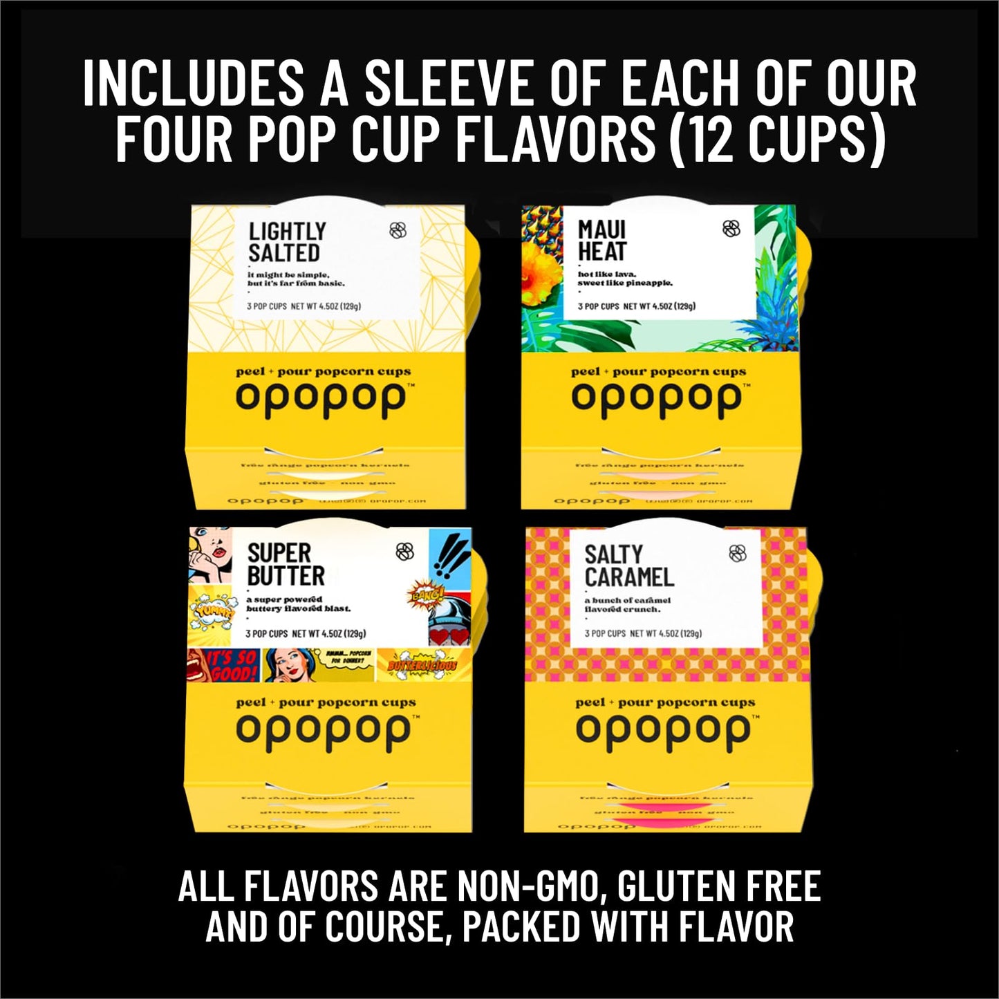 Opopop Gluten Free, Non-GMO Microwave Popcorn Variety Pack - Gourmet Popcorn Kit, Collapsible Silicone Popcorn Popper, Popcorn Maker - Pack of 12