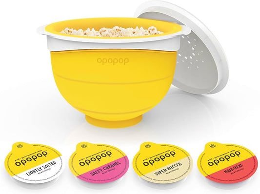Opopop Gluten Free, Non-GMO Microwave Popcorn Starter Kit - Gourmet Popcorn Kit, Collapsible Silicone Popcorn Popper, Popcorn Maker - Pack of 4