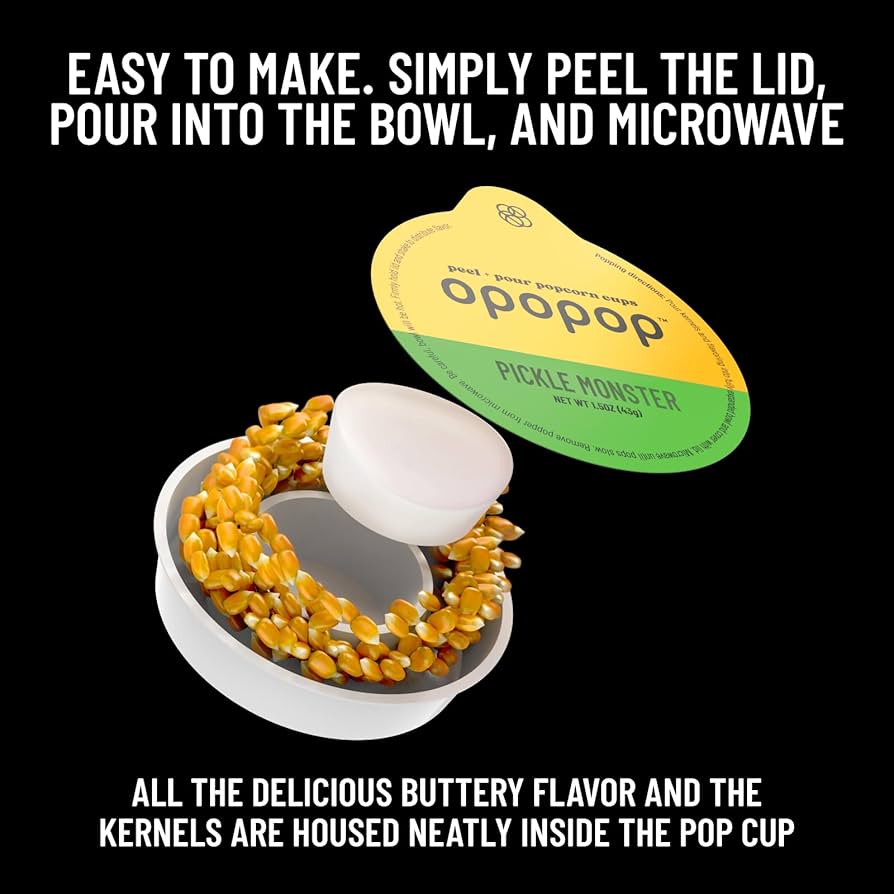 Opopop Gluten Free, Non-GMO Microwave Popcorn Pop Cups - Pickle Monster - Gourmet Kernels & Popcorn Flavoring - Pack of 6