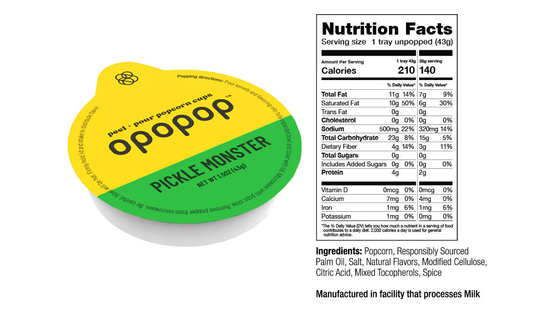Opopop Gluten Free, Non-GMO Microwave Popcorn Pop Cups - Pickle Monster - Gourmet Kernels & Popcorn Flavoring - Pack of 6
