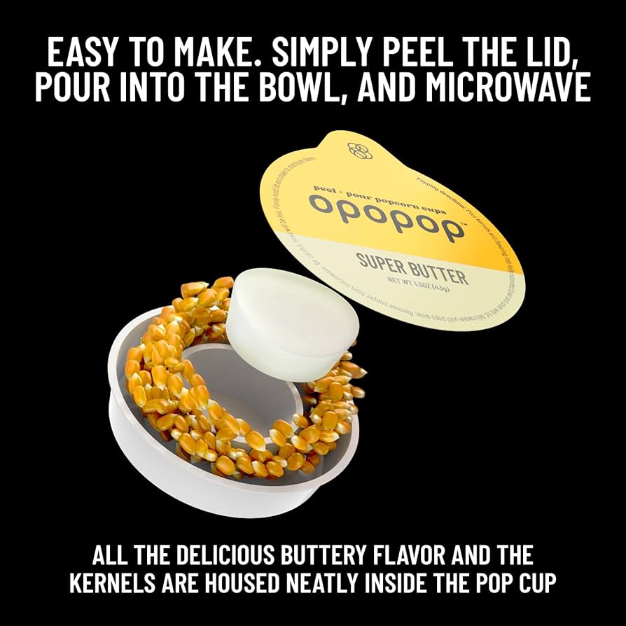 Opopop Gluten Free, Non-GMO Microwave Popcorn Pop Cups - Super Butter - Gourmet Kernels & Popcorn Flavoring - Pack of 6