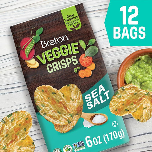 Breton Veggie Crisps Sea Salt - Popped not Fried Crisps, Made with Real Vegetables, Light and Crispy Gluten Free Chips - Pack of 12