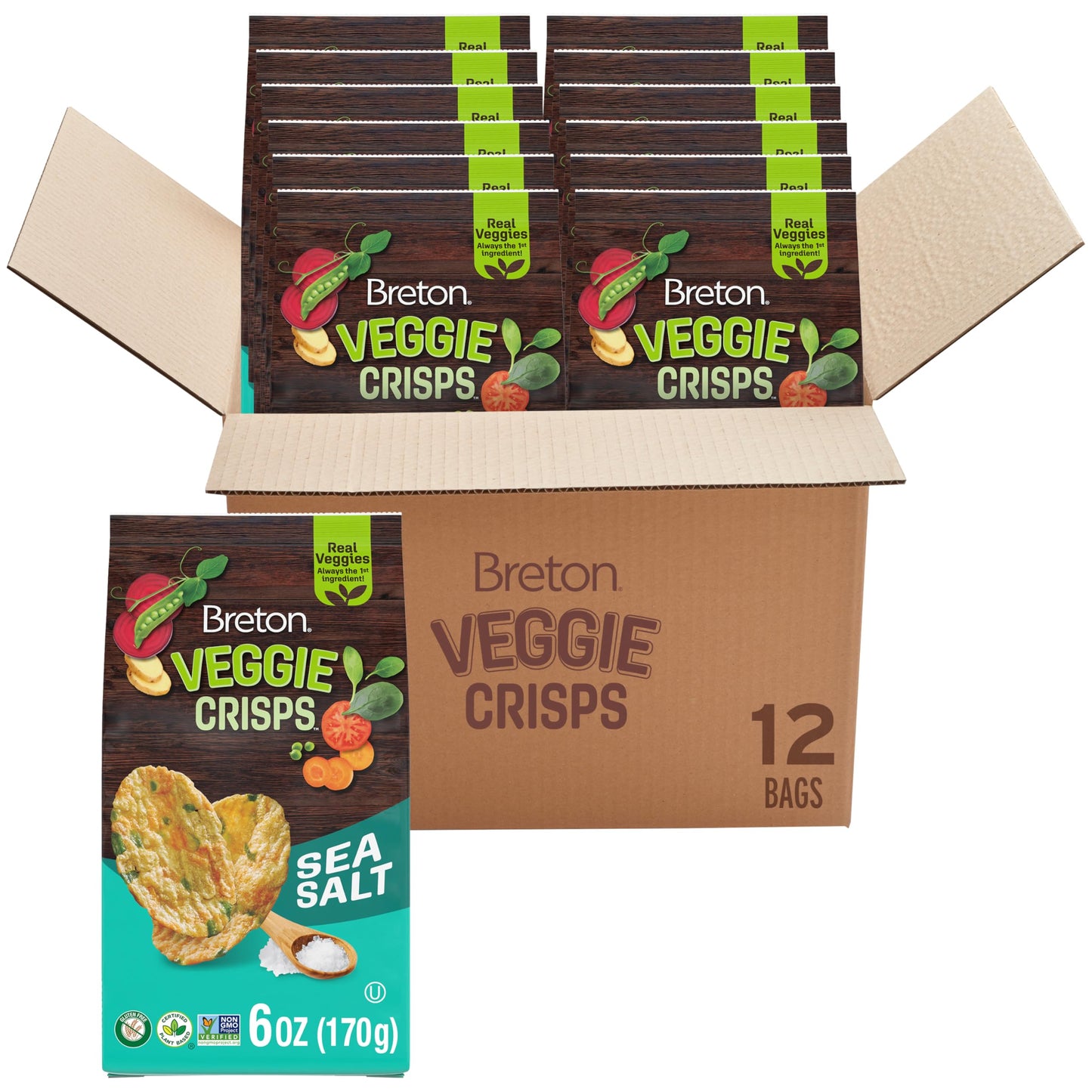 Breton Veggie Crisps Sea Salt - Popped not Fried Crisps, Made with Real Vegetables, Light and Crispy Gluten Free Chips - Pack of 12