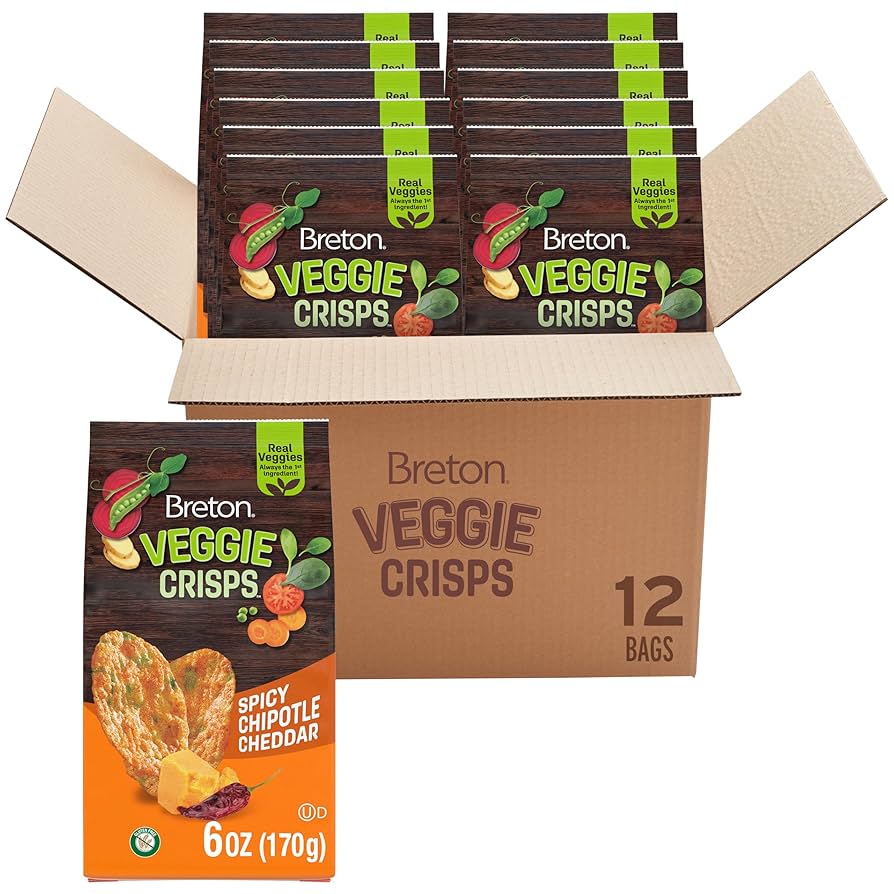 Breton Veggie Crisps Chipotle Cheddar - Popped not Fried Crisps, Made with Real Vegetables, Light and Crispy Gluten Free Chips - Pack of 12