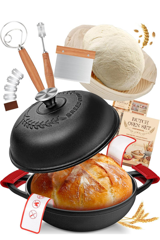Dutch Oven Bread Baking Pot with Lid, 6 Quart Cast Iron Design & Complete Sourdough Kit - Banneton Basket, Dough Tools, Silicone Sling for Artisan Bread Making